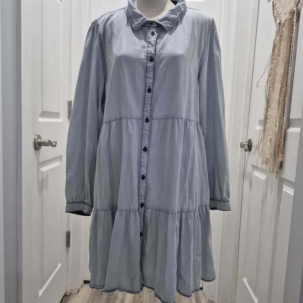 Serra Light Blue With Navy Accents Long Sleeve Denim Dress With Side Pockets XL